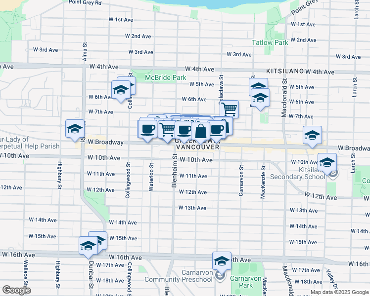 map of restaurants, bars, coffee shops, grocery stores, and more near 3263 West Broadway in Vancouver