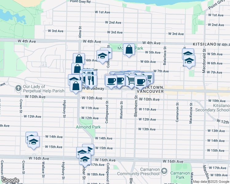 map of restaurants, bars, coffee shops, grocery stores, and more near in Vancouver