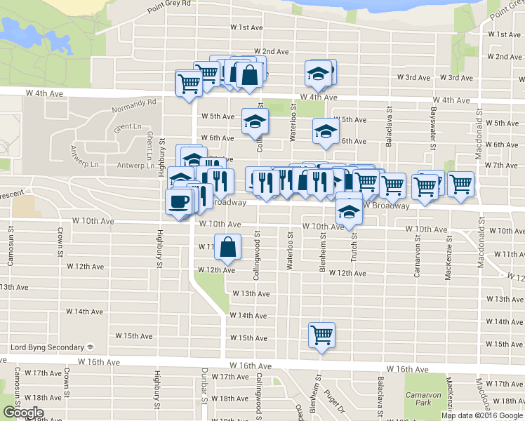map of restaurants, bars, coffee shops, grocery stores, and more near in Vancouver