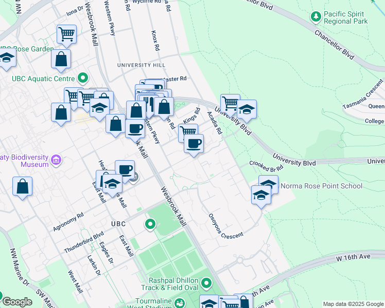 map of restaurants, bars, coffee shops, grocery stores, and more near in Vancouver