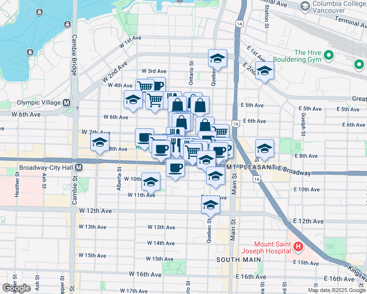 map of restaurants, bars, coffee shops, grocery stores, and more near 2314 Ontario Street in Vancouver