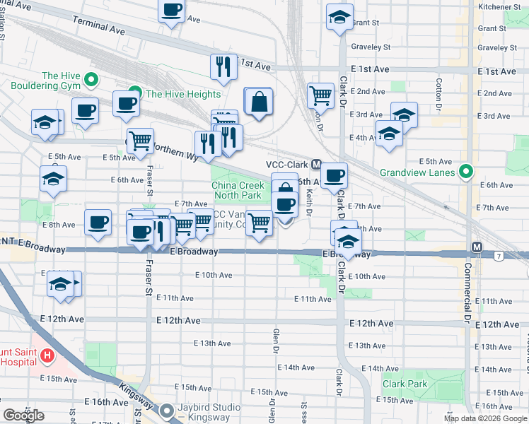 map of restaurants, bars, coffee shops, grocery stores, and more near in Vancouver