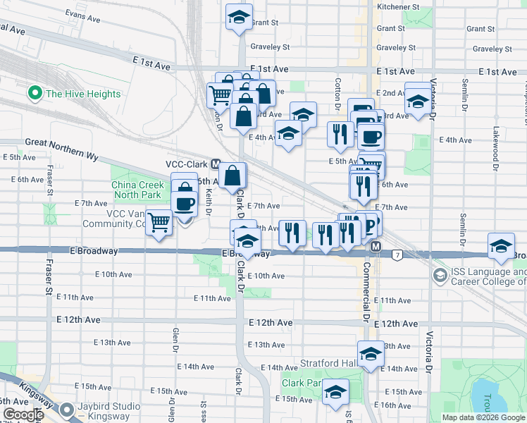 map of restaurants, bars, coffee shops, grocery stores, and more near 1374 East 7th Avenue in Vancouver