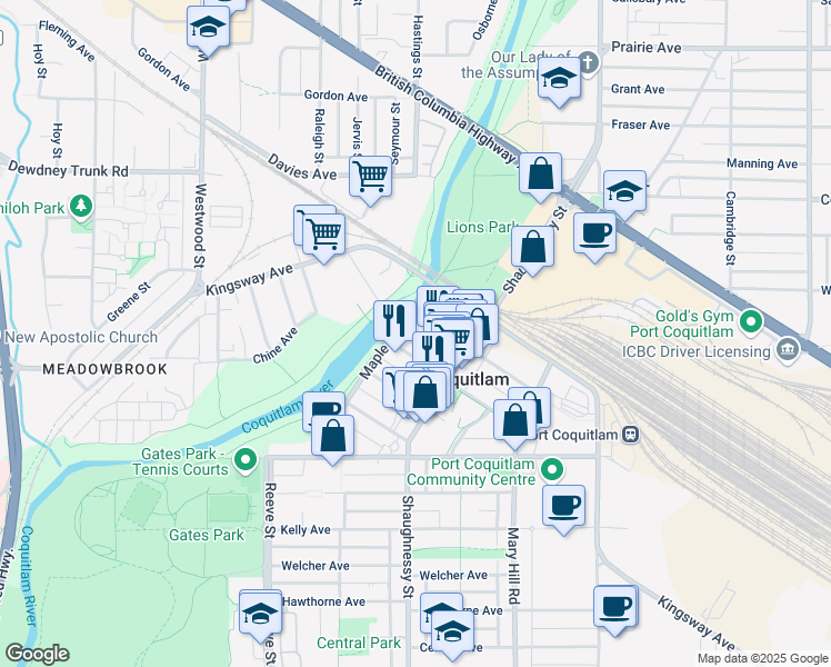 map of restaurants, bars, coffee shops, grocery stores, and more near 2628 Maple Street in Port Coquitlam