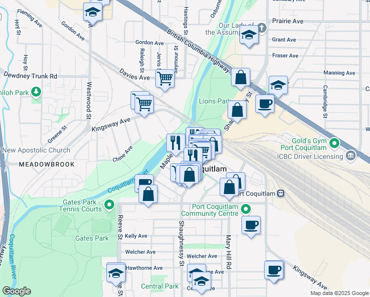 map of restaurants, bars, coffee shops, grocery stores, and more near 113 Maple Street in Port Coquitlam