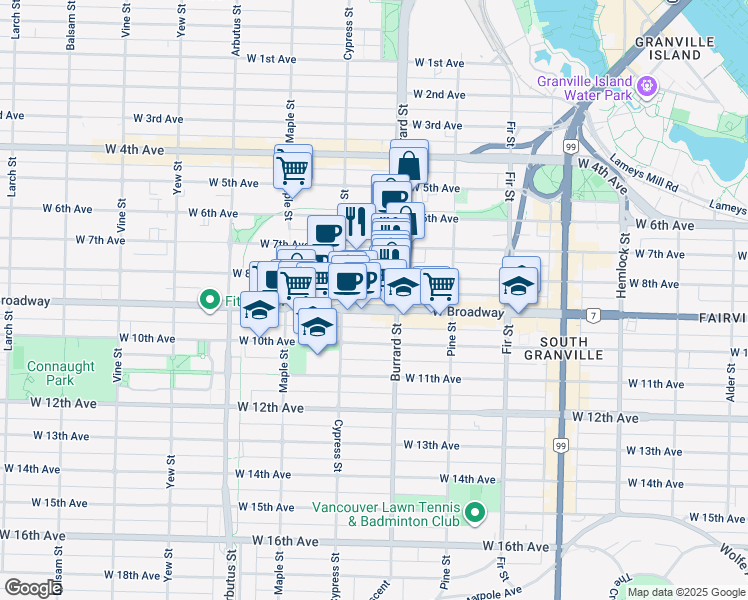 map of restaurants, bars, coffee shops, grocery stores, and more near 1847 West Broadway in Vancouver