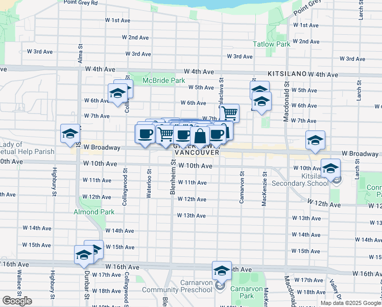 map of restaurants, bars, coffee shops, grocery stores, and more near 3263 West Broadway in Vancouver