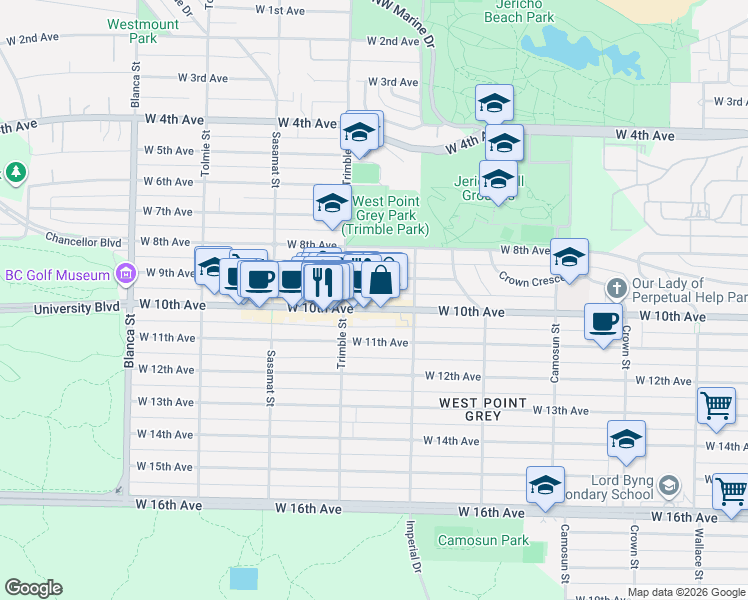 map of restaurants, bars, coffee shops, grocery stores, and more near 4355 West 10th Avenue in Vancouver