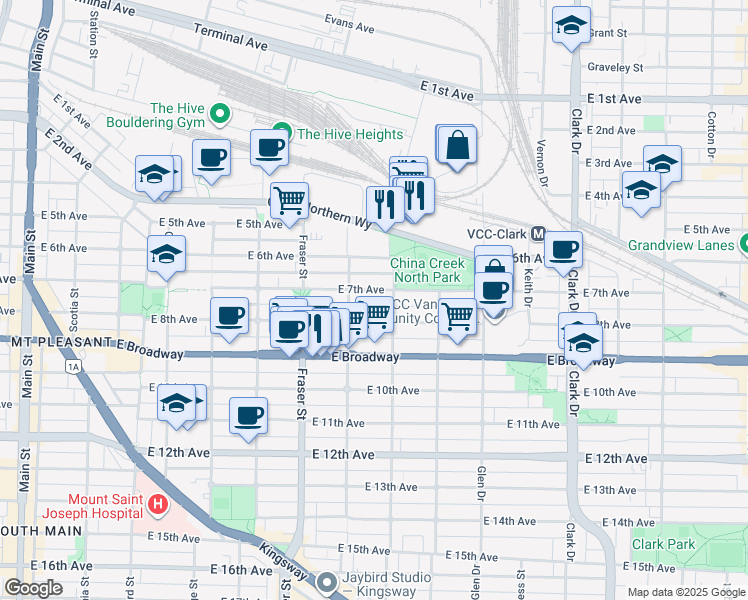 map of restaurants, bars, coffee shops, grocery stores, and more near 830 East 7th Avenue in Vancouver