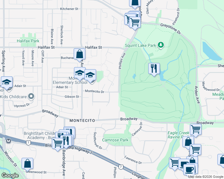 map of restaurants, bars, coffee shops, grocery stores, and more near 7363 Montecito Drive in Burnaby