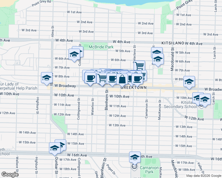 map of restaurants, bars, coffee shops, grocery stores, and more near 3280 West Broadway in Vancouver
