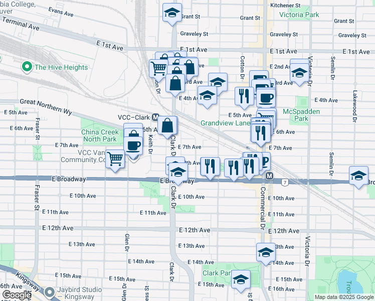 map of restaurants, bars, coffee shops, grocery stores, and more near 1368 East 7th Avenue in Vancouver