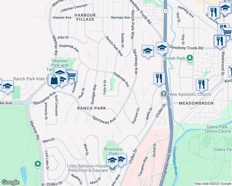 map of restaurants, bars, coffee shops, grocery stores, and more near 2985 Lazy a Street in Coquitlam