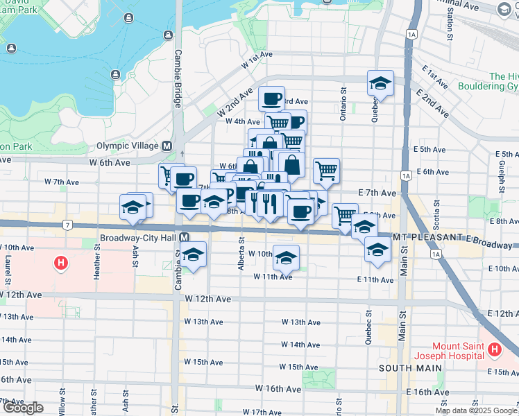 map of restaurants, bars, coffee shops, grocery stores, and more near 215 West 8th Avenue in Vancouver