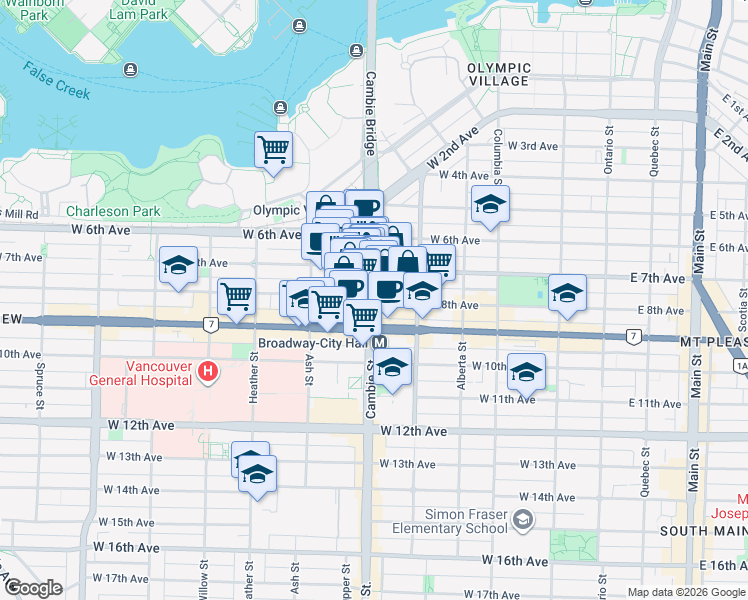 map of restaurants, bars, coffee shops, grocery stores, and more near Cambie St & W 8th Ave in Vancouver