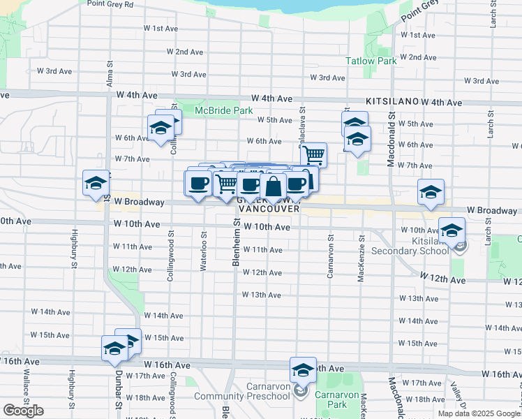 map of restaurants, bars, coffee shops, grocery stores, and more near 3216 West Broadway in Vancouver