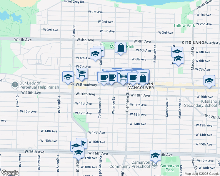map of restaurants, bars, coffee shops, grocery stores, and more near 3424 West Broadway in Vancouver