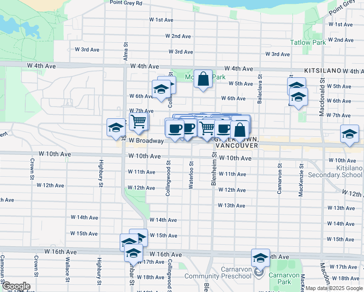 map of restaurants, bars, coffee shops, grocery stores, and more near in Vancouver