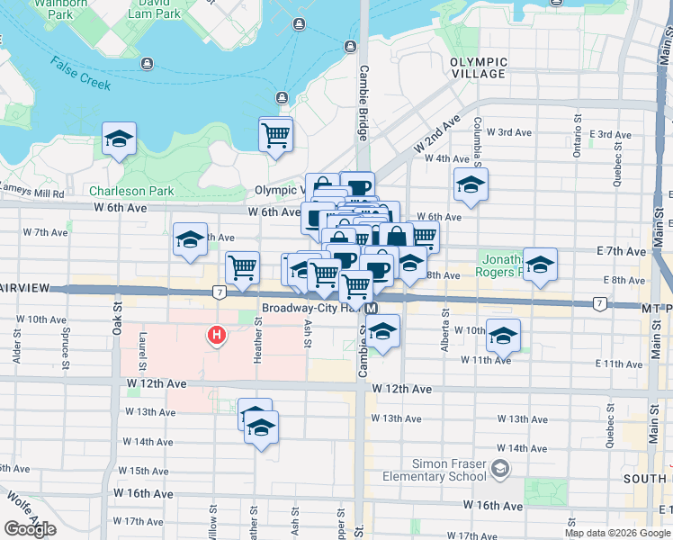 map of restaurants, bars, coffee shops, grocery stores, and more near 522 West 8th Avenue in Vancouver