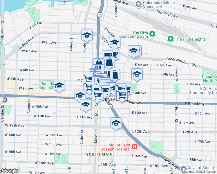 map of restaurants, bars, coffee shops, grocery stores, and more near 2389 Scotia Street in Vancouver