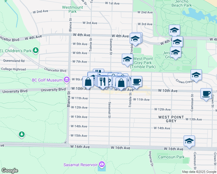 map of restaurants, bars, coffee shops, grocery stores, and more near 4525 West 9th Avenue in Vancouver