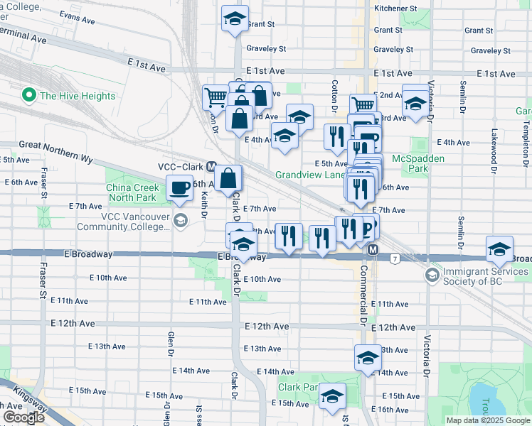 map of restaurants, bars, coffee shops, grocery stores, and more near 2305 McLean Drive in Vancouver