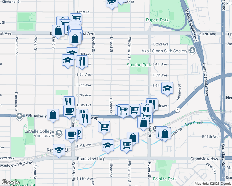 map of restaurants, bars, coffee shops, grocery stores, and more near 3123 East 7th Avenue in Vancouver