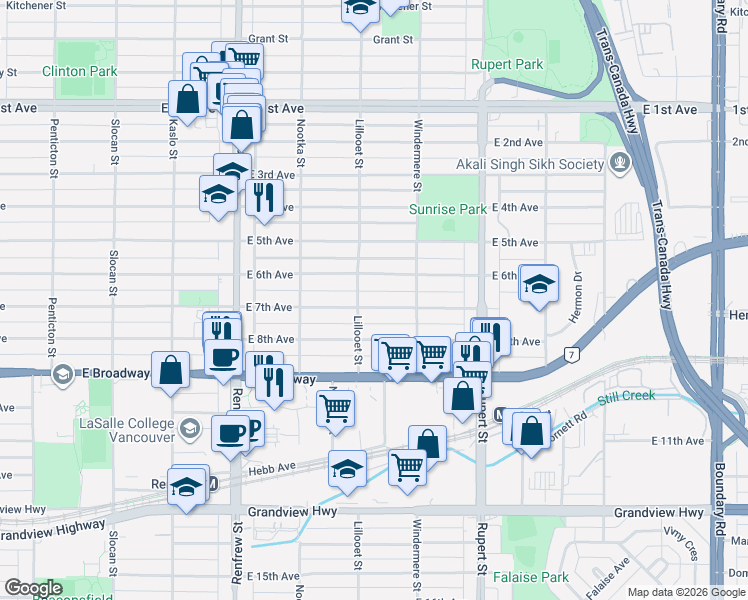 map of restaurants, bars, coffee shops, grocery stores, and more near 3123 East 7th Avenue in Vancouver
