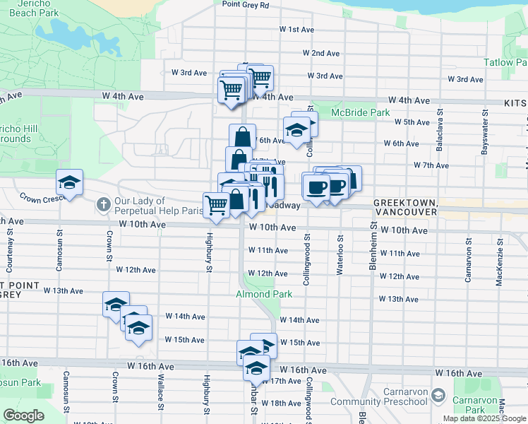 map of restaurants, bars, coffee shops, grocery stores, and more near in Vancouver