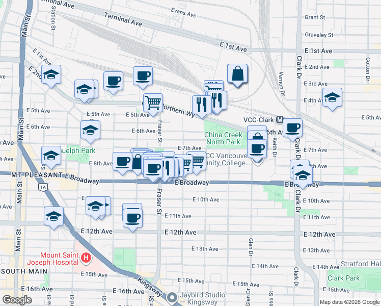 map of restaurants, bars, coffee shops, grocery stores, and more near 830 East 7th Avenue in Vancouver