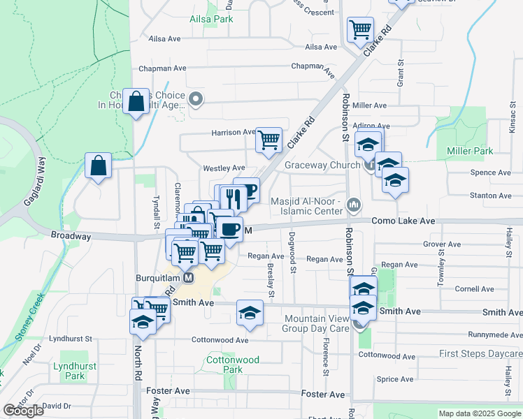 map of restaurants, bars, coffee shops, grocery stores, and more near 620 Lea Avenue in Coquitlam