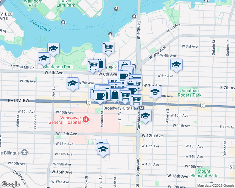 map of restaurants, bars, coffee shops, grocery stores, and more near 604 West 8th Avenue in Vancouver