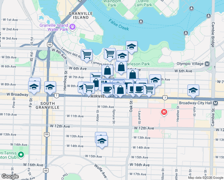 map of restaurants, bars, coffee shops, grocery stores, and more near 2433 Spruce Street in Vancouver