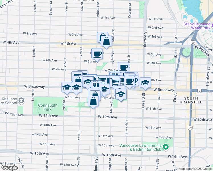 map of restaurants, bars, coffee shops, grocery stores, and more near in Vancouver