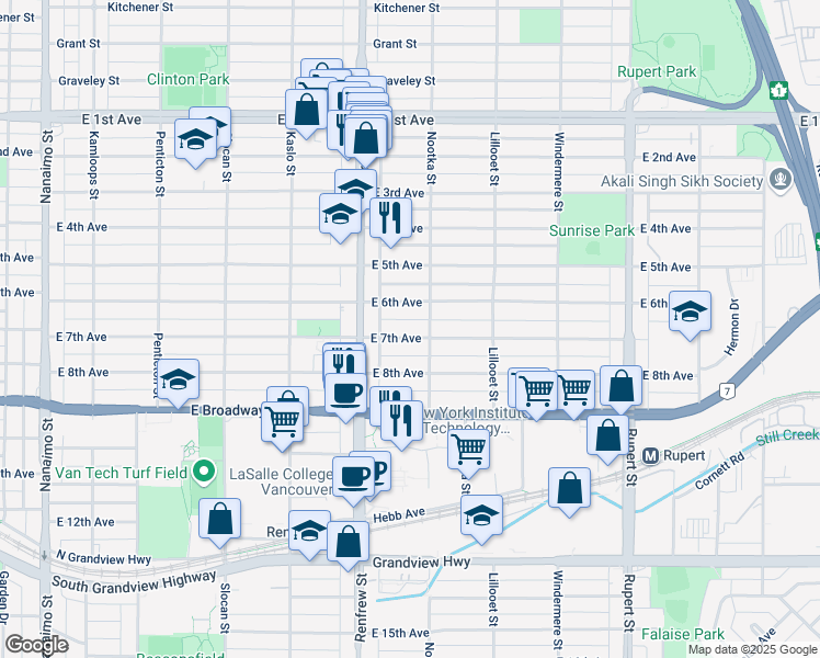 map of restaurants, bars, coffee shops, grocery stores, and more near 2973 East 7th Avenue in Vancouver