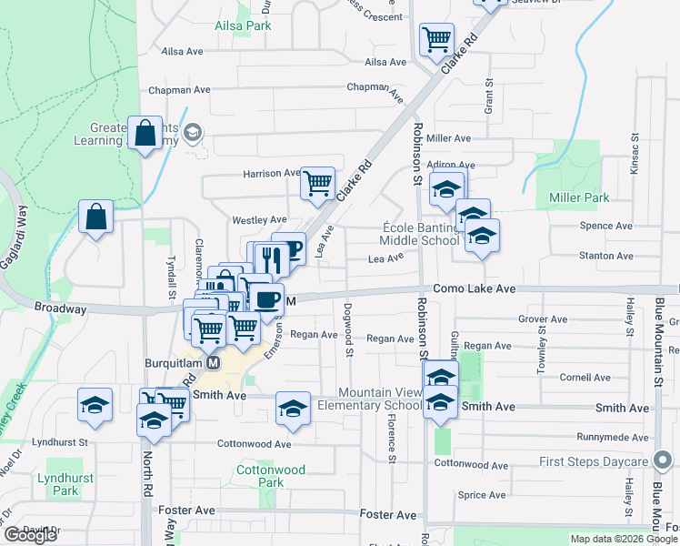 map of restaurants, bars, coffee shops, grocery stores, and more near in Coquitlam