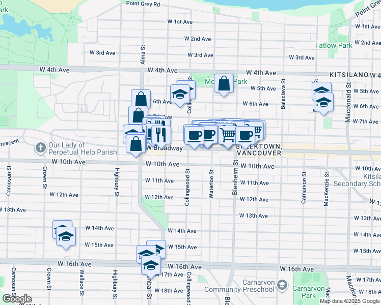 map of restaurants, bars, coffee shops, grocery stores, and more near 2528 Collingwood Street in Vancouver