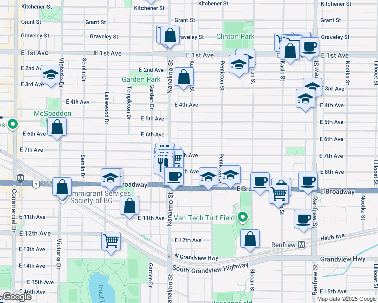 map of restaurants, bars, coffee shops, grocery stores, and more near 2285 Kamloops Street in Vancouver