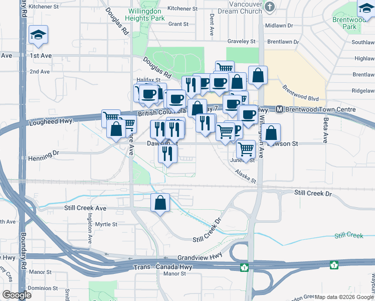map of restaurants, bars, coffee shops, grocery stores, and more near 4270 Dawson Street in Burnaby