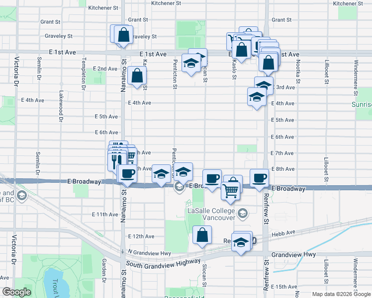 map of restaurants, bars, coffee shops, grocery stores, and more near 2641 East 7th Avenue in Vancouver