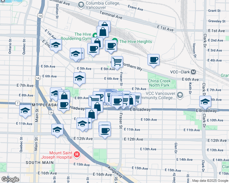 map of restaurants, bars, coffee shops, grocery stores, and more near 642 East 7th Avenue in Vancouver