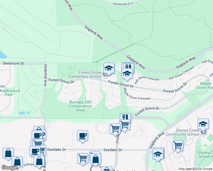 map of restaurants, bars, coffee shops, grocery stores, and more near 8531 Timber Court in Burnaby