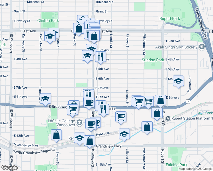 map of restaurants, bars, coffee shops, grocery stores, and more near 2979 East 7th Avenue in Vancouver