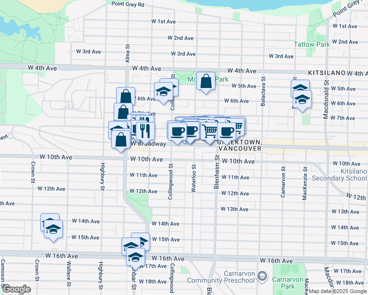 map of restaurants, bars, coffee shops, grocery stores, and more near 3440 West Broadway in Vancouver