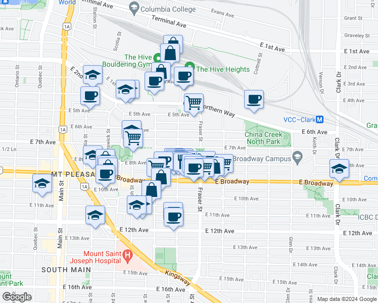 map of restaurants, bars, coffee shops, grocery stores, and more near in Vancouver