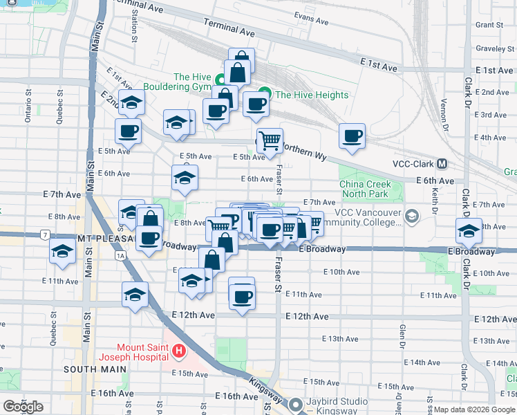 map of restaurants, bars, coffee shops, grocery stores, and more near in Vancouver