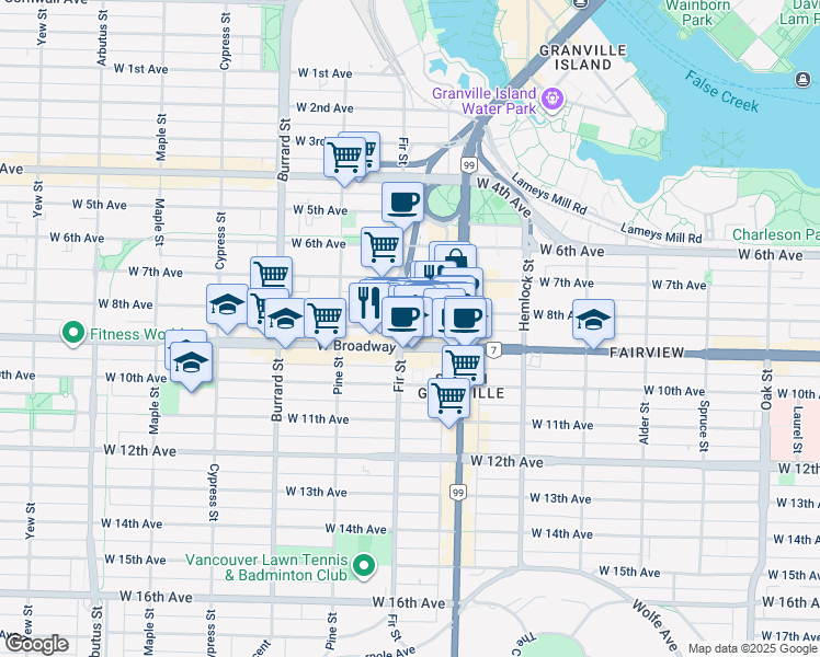 map of restaurants, bars, coffee shops, grocery stores, and more near 1573 West Broadway in Vancouver