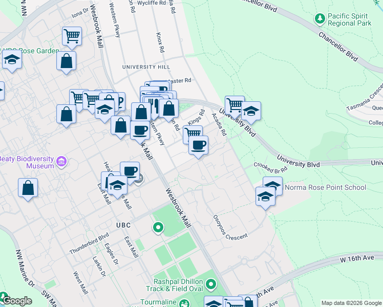 map of restaurants, bars, coffee shops, grocery stores, and more near 5725 Agronomy Road in University Endowment Lands