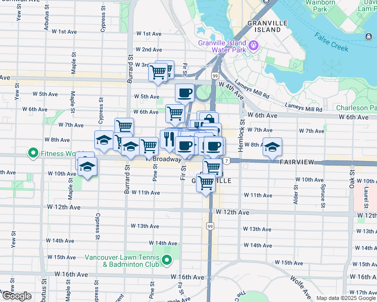 map of restaurants, bars, coffee shops, grocery stores, and more near 1590 West 8th Avenue in Vancouver