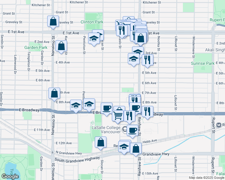 map of restaurants, bars, coffee shops, grocery stores, and more near 2763 East 7th Avenue in Vancouver